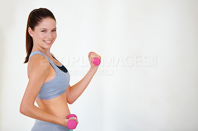 Buy stock photo Woman, flex or portrait with dumbbells in studio, health wellness or fitness action for weight loss with exercise. Young person, pride and face with hand weights for tone muscle by white background