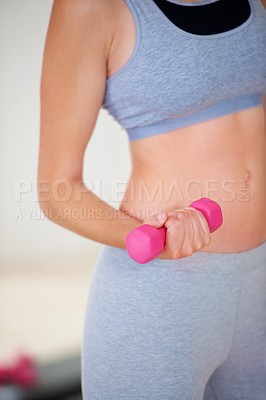 Buy stock photo Dumbbells, hands and woman in gym for fitness, bodybuilder workout and exercise to lose weight. Sports club, weightlifting and closeup of person training with weights for wellness, health or strength