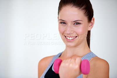 Buy stock photo Woman, smile and portrait with dumbbells in studio for health training, fitness and relax wellness with exercise. Young person, happy and face with hand weights with commitment by white background
