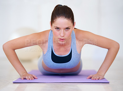 Buy stock photo Push up, yoga mat and portrait of woman in gym for fitness, cardio workout and exercise to lose weight. Sports, challenge and serious person training on floor for wellness, healthy body and strength 