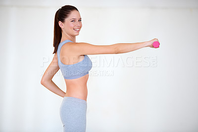 Buy stock photo Woman, training and portrait with dumbbells in mockup for health wellness, fitness and weight loss with exercise. Young person, happy and face with hand weights for tone muscle by white background