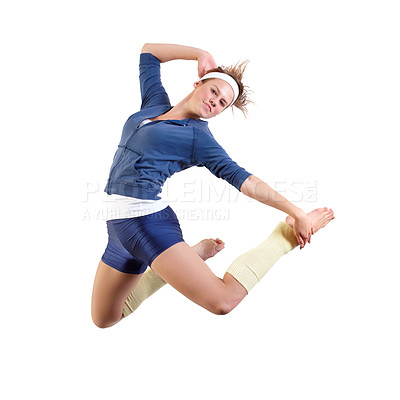 Buy stock photo Woman, portrait dancer and jump in studio or creative expression exercise, white background as mockup space. Female person, aerobics and workout gymnastics or fit leap as practice, moving or training
