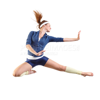 Buy stock photo Young dancer jumping against a white background