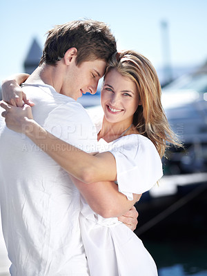Buy stock photo Harbor, love and portrait of couple hug with smile on summer holiday, vacation and adventure by sea. Travel, romance and man and woman excited for luxury cruise for journey, romantic trip and bonding