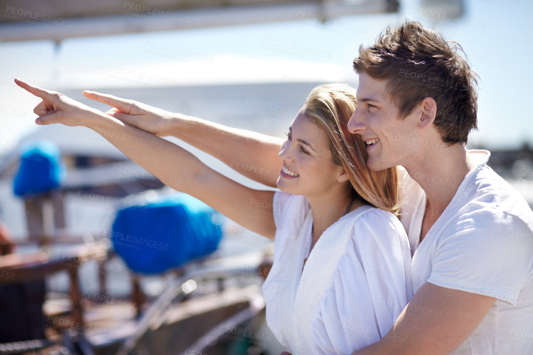 Buy stock photo Happy, travel and couple point on yacht with smile on summer holiday, vacation and adventure on ocean. Love, travelling and man and woman pointing on luxury cruise for journey, romantic trip and fun