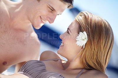 Buy stock photo Love, travel and happy couple on a yacht bonding, smile and freedom on summer vacation. Face, romantic and excited man with woman embracing on a boat with intimacy, flirting and bonding on holiday