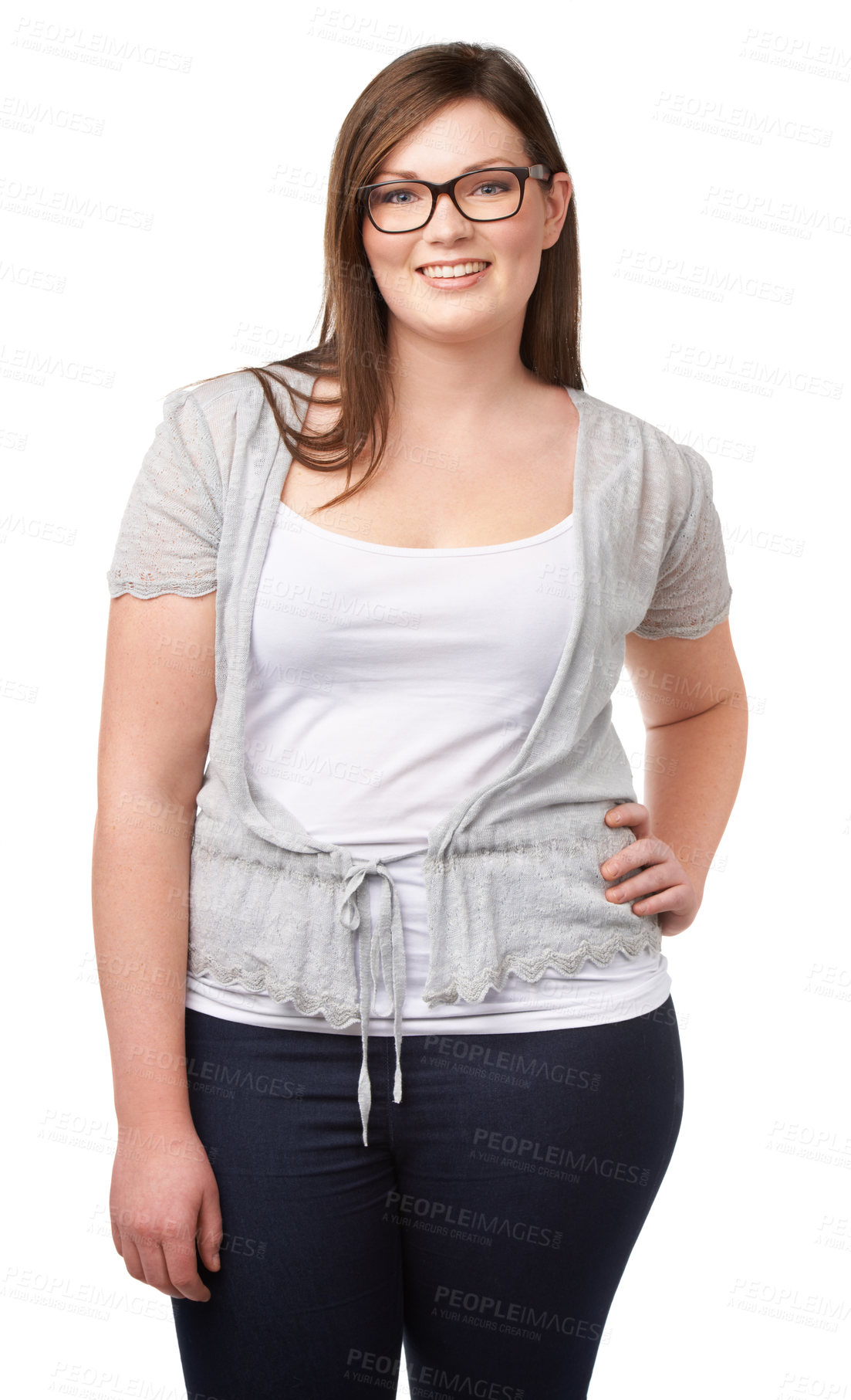 Buy stock photo Casual fashion, portrait and plus size model with glasses, smile and girl isolated on white background. Confident, body positivity and happy woman with pride, wellness and relax on studio backdrop