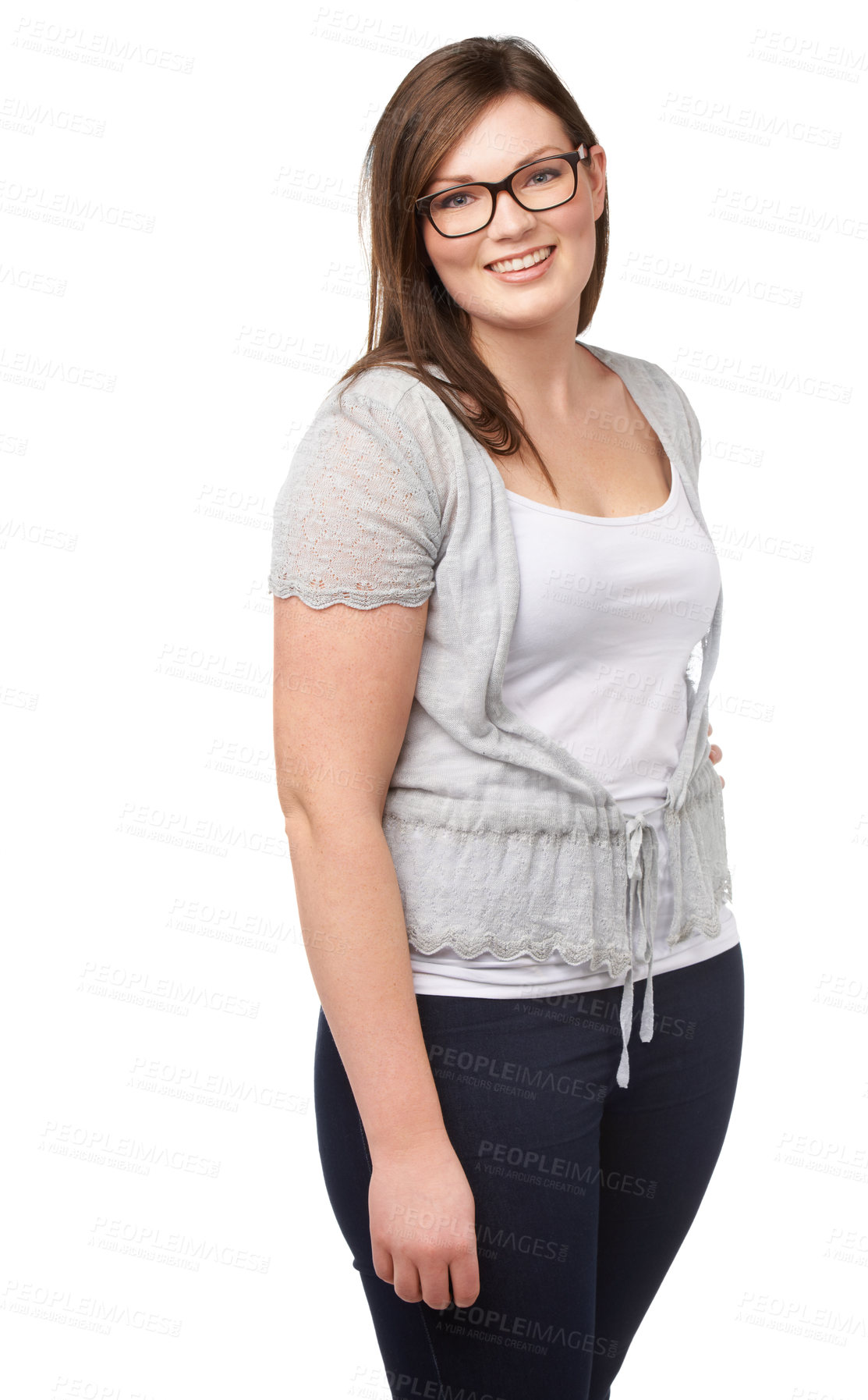 Buy stock photo Fashion, portrait and plus size model with confidence, glasses and smile isolated on white background. Self care, body positivity and happy woman with natural beauty, wellness and casual in studio.