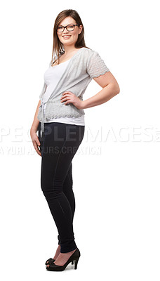 Buy stock photo Casual fashion, portrait and woman with body positivity, smile and glasses isolated on white background. Self love, happiness and plus size model with natural beauty, wellness and inclusion in studio