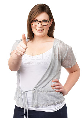 Buy stock photo Glasses, portrait and plus size model with thumbs up, smile and casual fashion on white background. Self love, body positivity and happy woman with agreement, thank you or yes hand gesture in studio.