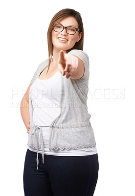 Buy stock photo Studio portrait or plus size model pointing with happy for relax wellness or choice to select you. Woman, smile face or glasses for emoji with decision, vote or option in mockup by white background