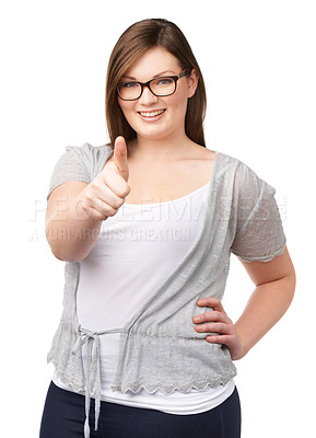Buy stock photo Glasses, portrait and plus size woman with thumbs up, smile and casual fashion on white background. Self love, body positivity and happy model with agreement, thank you or yes hand gesture in studio.