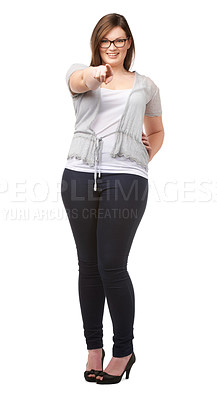 Buy stock photo Portrait, vote and a plus size woman pointing at you in studio isolated on a white background for decision. Smile, choice or selection with a happy young body positive model offering an opportunity