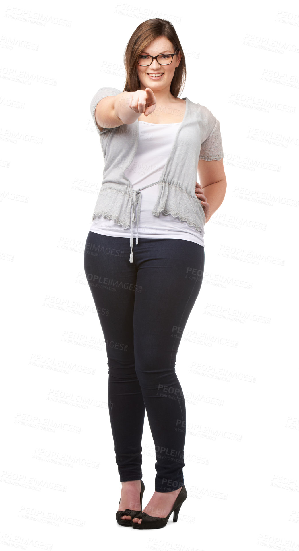 Buy stock photo Portrait, vote and a plus size woman pointing at you in studio isolated on a white background for decision. Smile, choice or selection with a happy young body positive model offering an opportunity