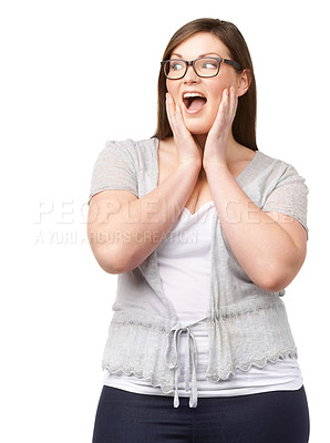 Buy stock photo A full-figured woman looking at something with shock while isolated on white