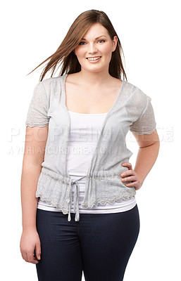 Buy stock photo Shot of a beautiful plus size model isolated on white