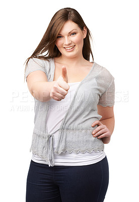 Buy stock photo Smile, portrait and plus size model with thumbs up, confidence and casual fashion on white background. Self love, body positivity and happy woman with agreement, thanks or yes hand gesture in studio.