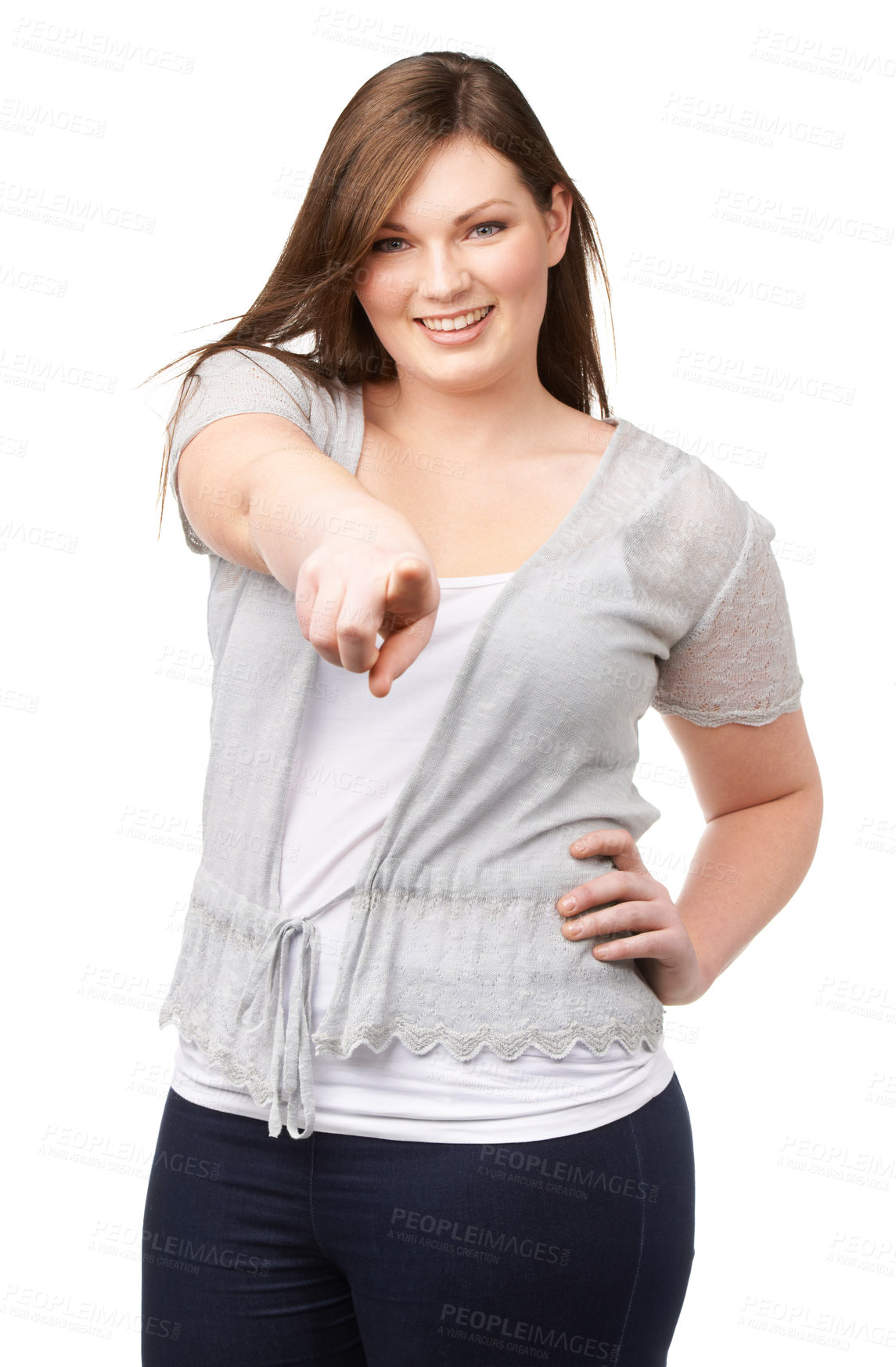 Buy stock photo Pointing, portrait and plus size model with smile, casual fashion and body positivity isolated on white background. Review, vote and happy woman with natural beauty, choice and decision in studio.