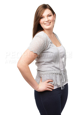 Buy stock photo Confidence, portrait and plus size model with smile, casual fashion and isolated on white background. Pride, body positivity and happy woman with natural beauty, wellness and inclusion in studio.
