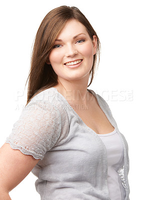 Buy stock photo Portrait, smile and fashion with a plus size woman in studio isolated on a white background for style. Face, happy and clothes with a trendy young body positive model in a casual clothing outfit