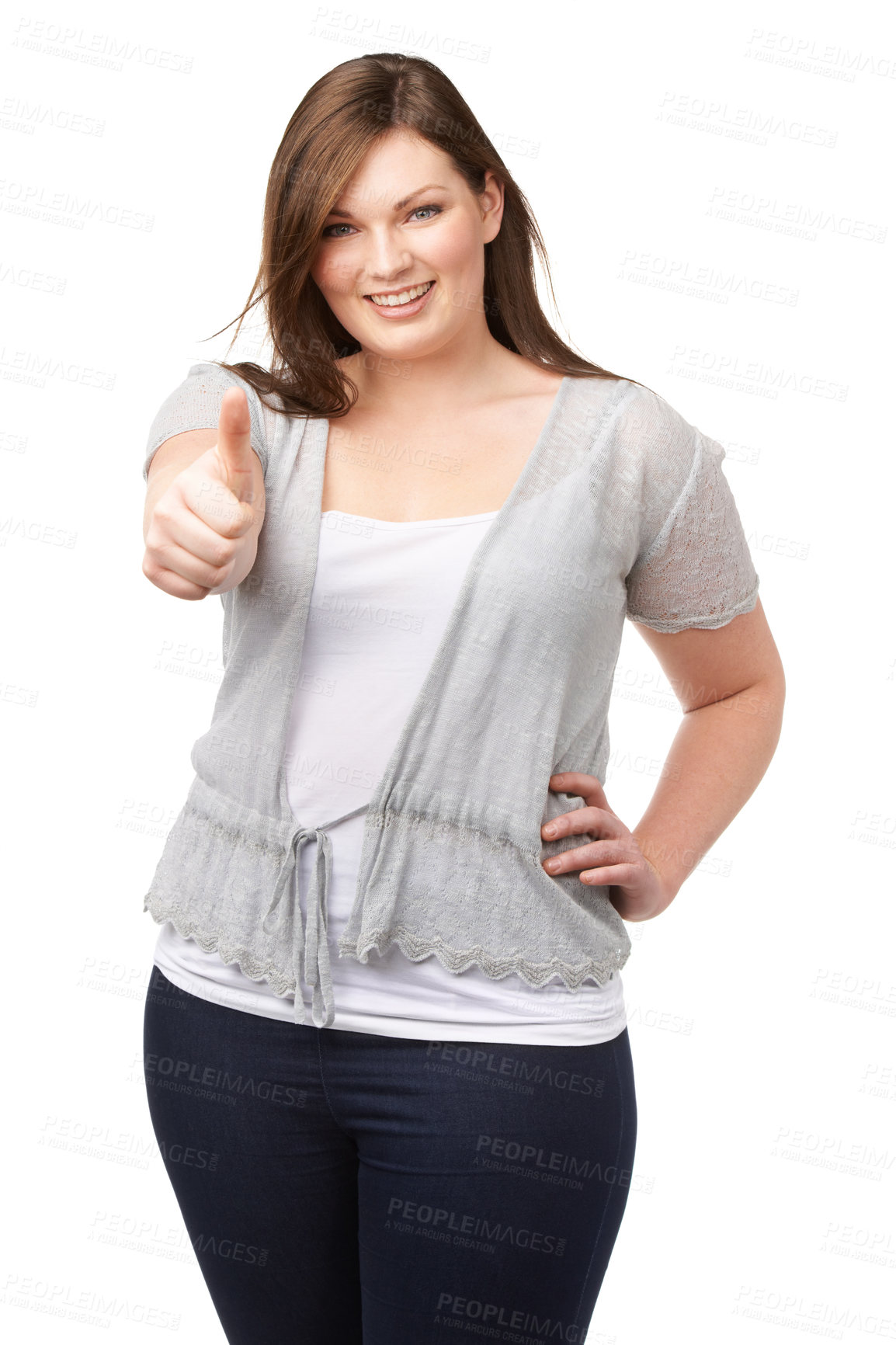Buy stock photo Yes, portrait and plus size model with thumbs up, smile and casual fashion on white background. Support, body positivity and happy woman with agreement, thank you or pride hand gesture in studio.