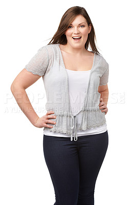 Buy stock photo Confidence, portrait and plus size woman with smile, casual fashion and isolated on white background. Self love, body positivity and happy model with natural beauty, wellness and inclusion in studio.