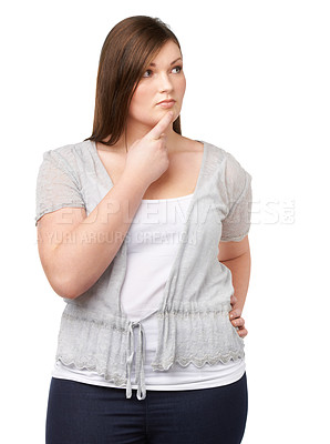 Buy stock photo Thinking, vision and future with a plus size woman in studio isolated on a white background for planning. Idea, problem solving and brainstorming with a young body positive model looking thoughtful