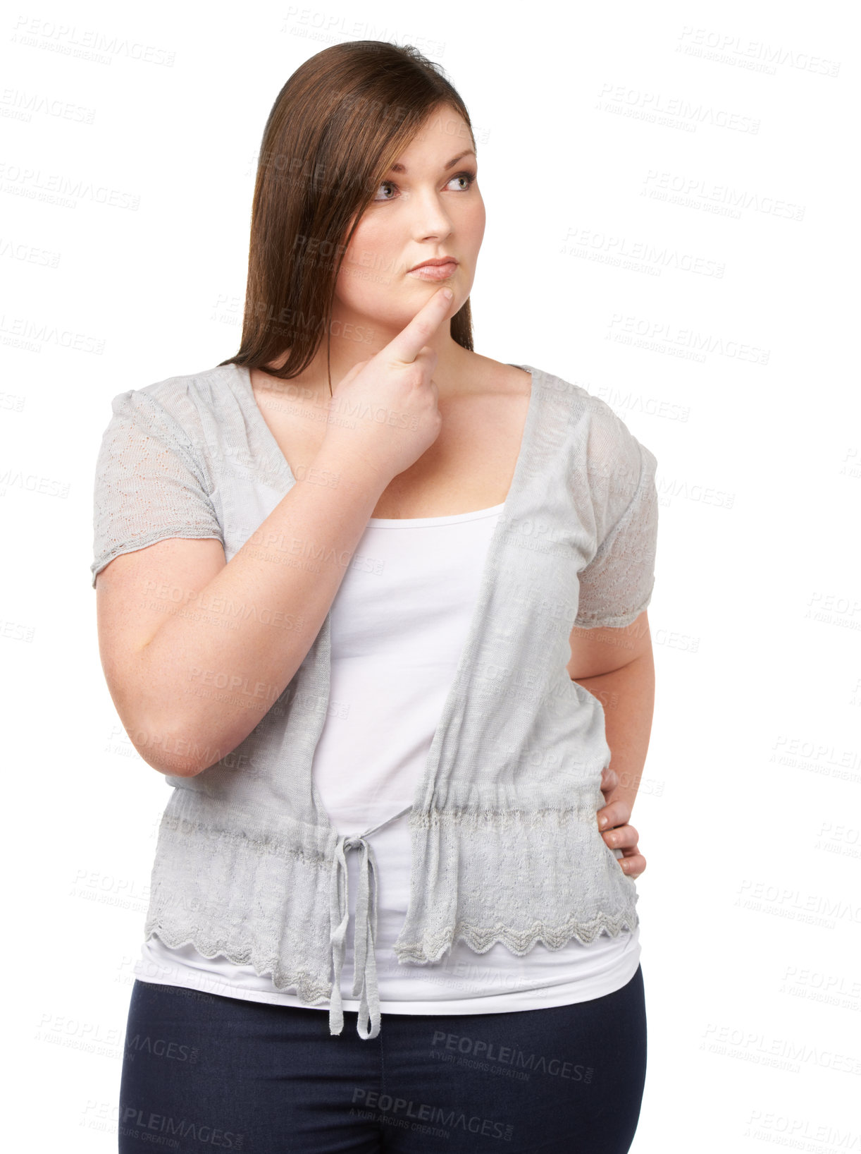 Buy stock photo Thinking, vision and future with a plus size woman in studio isolated on a white background for planning. Idea, problem solving and brainstorming with a young body positive model looking thoughtful