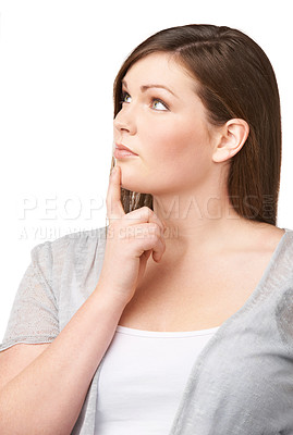 Buy stock photo Face, vision and future with a woman and thinking in studio isolated on white background for planning. Plus size, problem solving and brainstorming with a young body positive model looking thoughtful