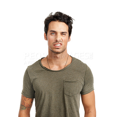 Buy stock photo Goofy, crazy and portrait of man in a studio with a funny grin facial expression for confidence. Silly, teeth and handsome young male person with comic or comedy face isolated by white background.