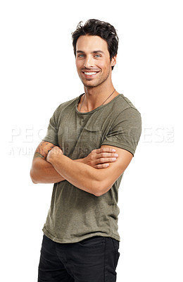 Buy stock photo A handsome young man standing with arms crossed
