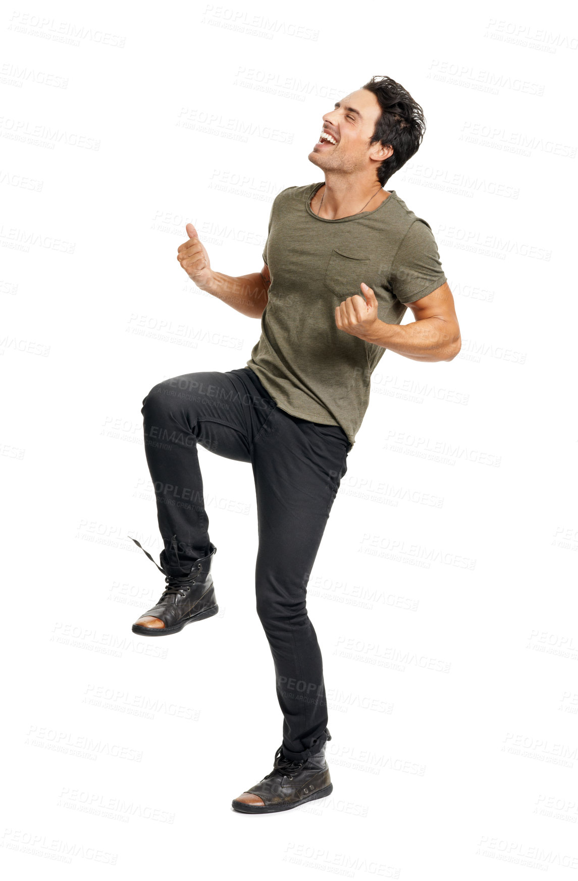 Buy stock photo Man, happy and jumping for celebration, excited and energy by white background in studio. Male person, freedom and victory or winner, carefree and ecstatic for achievement in competition or joy