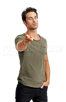 Buy stock photo Serious, pointing and portrait of man in a studio for choice, vote or decision with confidence. Selection, fashion and handsome young male model with a show hand gesture isolated by white background.