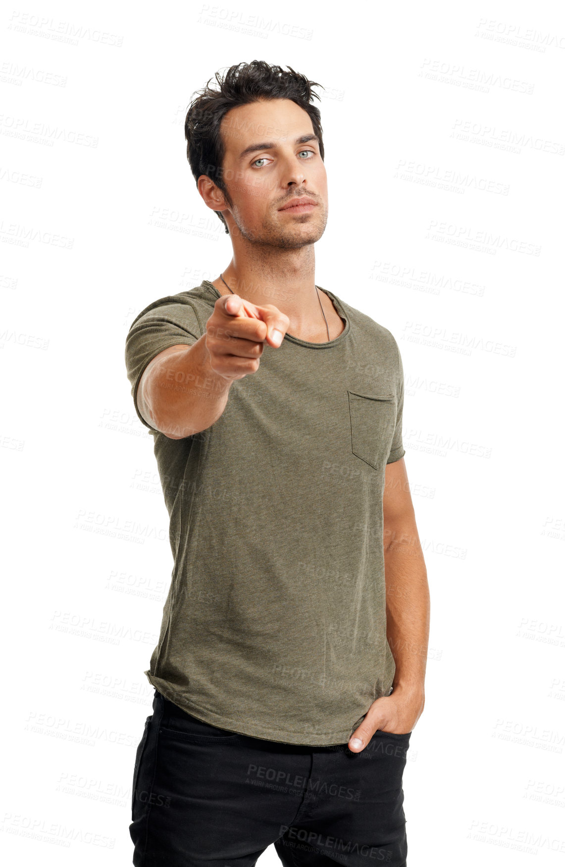 Buy stock photo Serious, pointing and portrait of man in a studio for choice, vote or decision with confidence. Selection, fashion and handsome young male model with a show hand gesture isolated by white background.