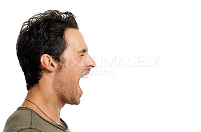 Buy stock photo Profile, anger and screaming with man, stress and expression isolated on white studio background. Person, guy and model with depression, mockup space and shouting with emotions, crisis and frustrated