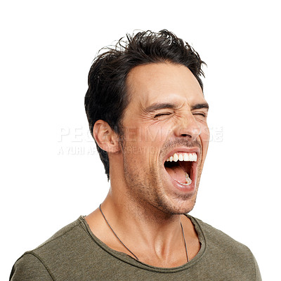 Buy stock photo Man, happy and screaming for celebration, excited and energy by white background in studio. Male person, freedom and victory or winner, carefree and shouting for achievement in competition or joy