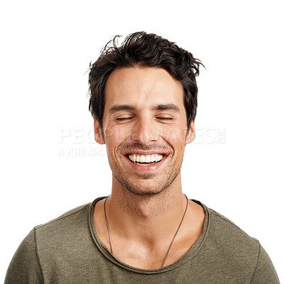 Buy stock photo A handsome young man smiling with his eyes closed