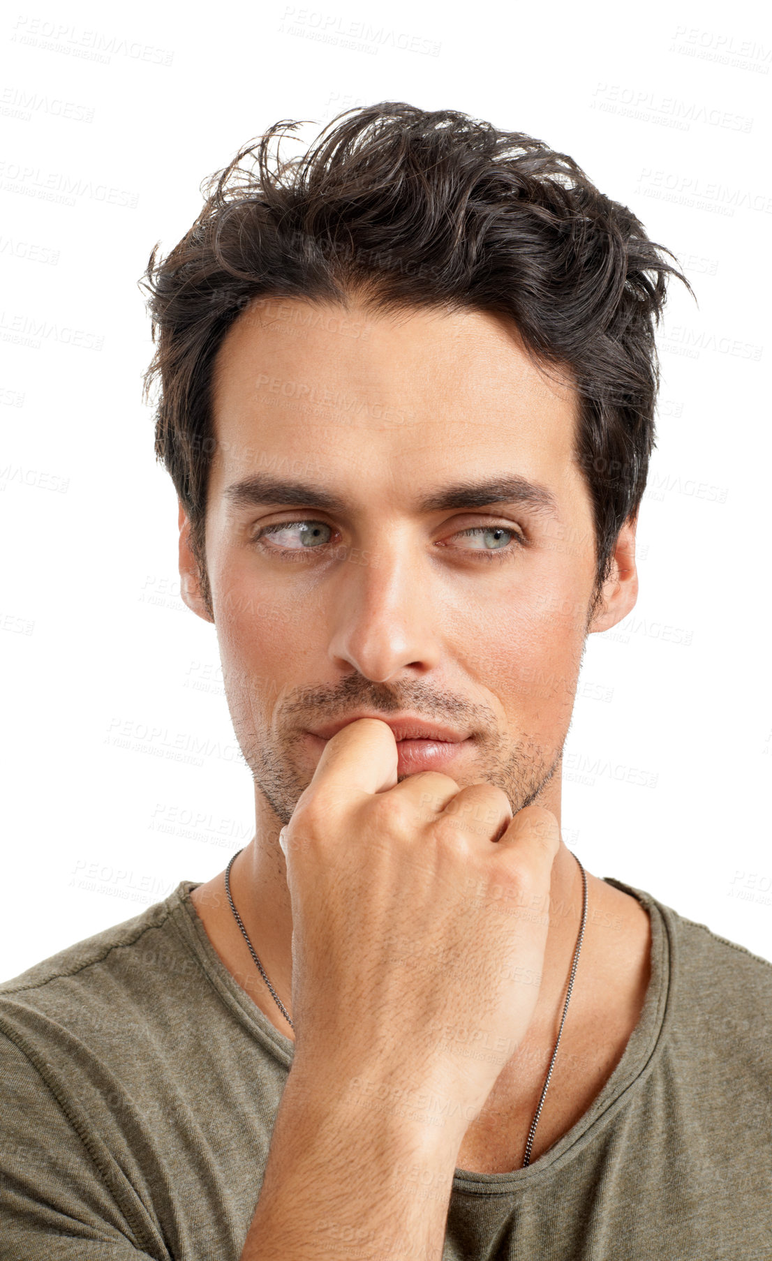 Buy stock photo Thinking, ideas and young man in a studio for choice, decision or options facial expression. Planning, question and male person with brainstorming or dreaming face isolated by white background.