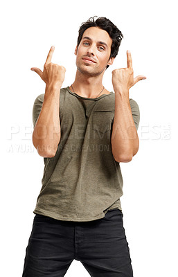 Buy stock photo Portrait, finger gun and man with fashion, expression and guy isolated on a white studio background. Cool, person and model with hand gesture, mockup space and pointing with body language and freedom