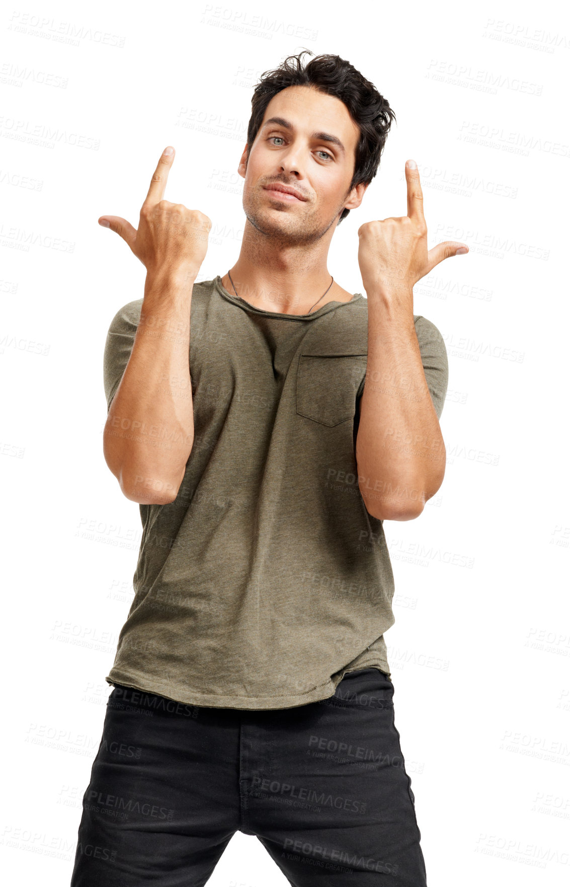 Buy stock photo Portrait, finger gun and man with fashion, expression and guy isolated on a white studio background. Cool, person and model with hand gesture, mockup space and pointing with body language and freedom