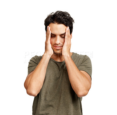 Buy stock photo Man, head and embarrassed shame in studio or white background, mockup space or frustrated. Male person, model and thinking worry problem or trouble fail for bad decision, disaster regret or anxiety