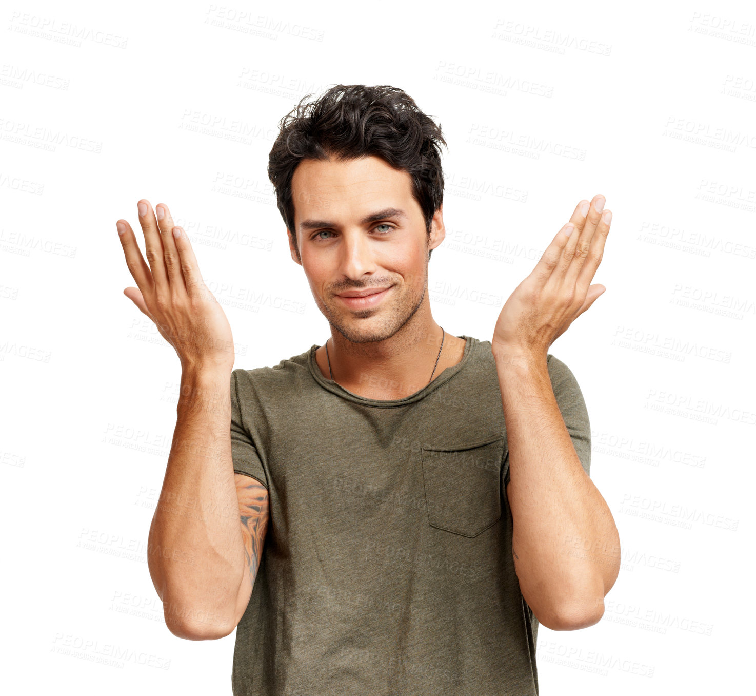 Buy stock photo A handsome young man shrugging with a smile while isolated on white