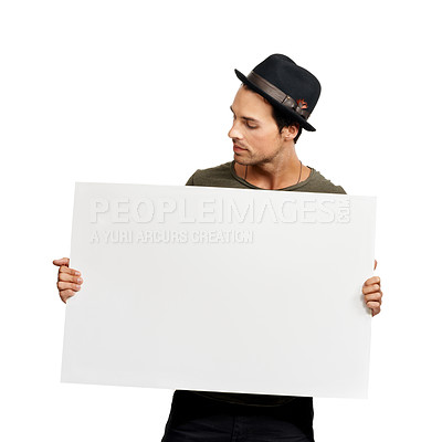 Buy stock photo A handsome young man holding a placard