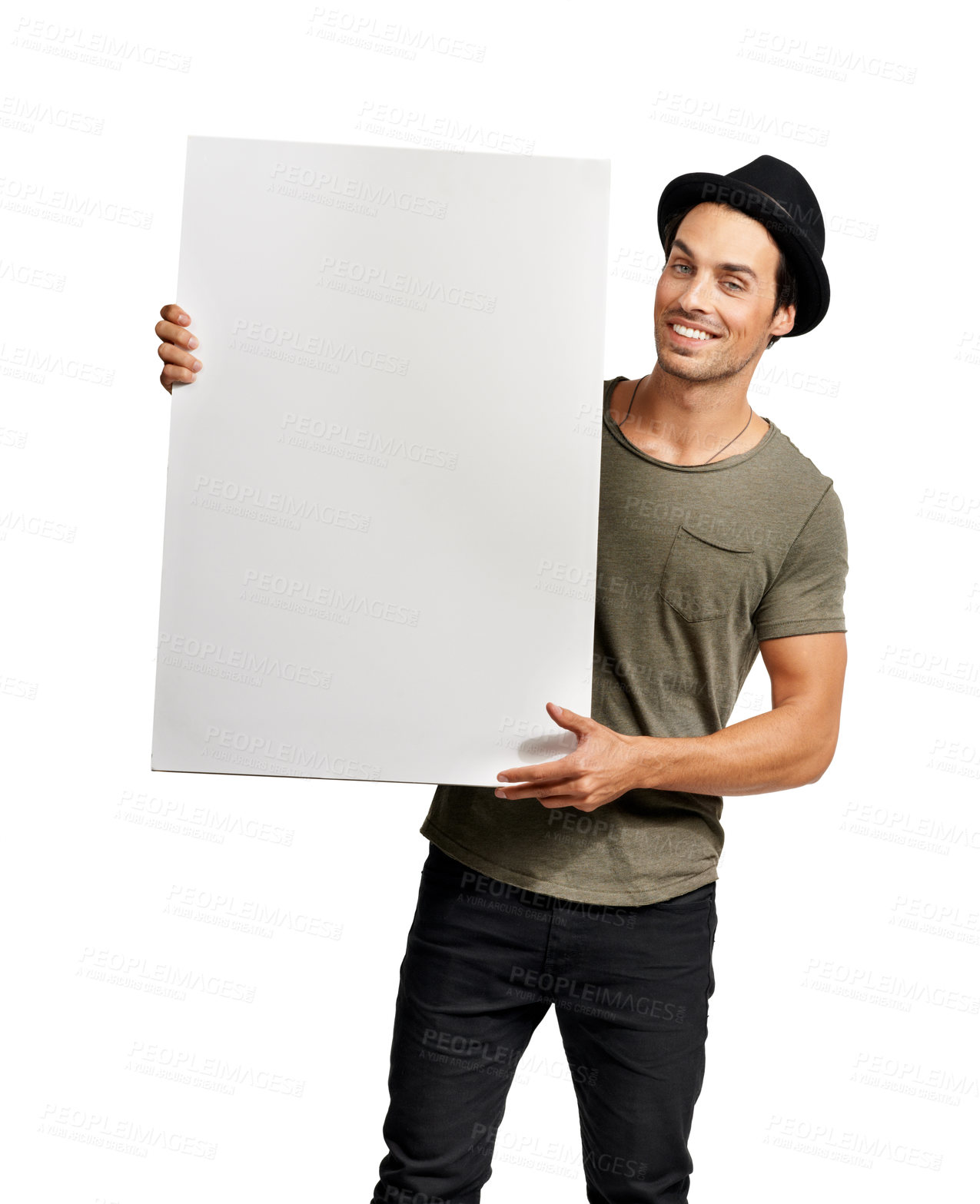 Buy stock photo Man, portrait and poster mockup in studio or space for information note, marketing or choice. Male person, billboard placard or white background as signage for recommendation, promo or presentation