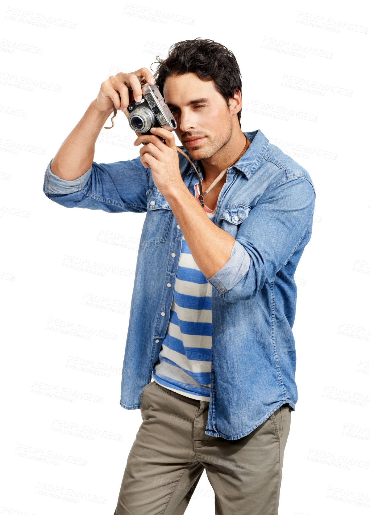 Buy stock photo Handsome man, photographer and camera for picture moment, shot or capture against a white studio background. Male person in photoshoot or photography for memory, vlog or social media on mockup space