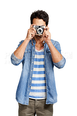 Buy stock photo A handsome young man taking a picture of you