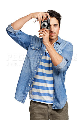 Buy stock photo Photography, portrait and man with a camera in a studio for creative or art career with confidence. Casual, vintage dslr equipment and young male photographer from Canada isolated by white background