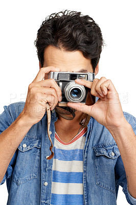 Buy stock photo Portrait, camera and man with photography, creativity and paparazzi isolated on a white studio background. Face, person and model with vintage equipment, photographer and photoshoot with journalist