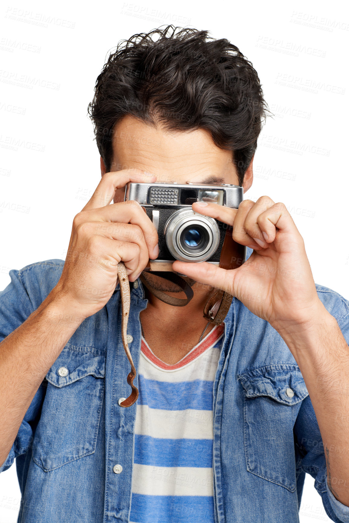 Buy stock photo Portrait, camera and man with photography, creativity and paparazzi isolated on a white studio background. Face, person and model with vintage equipment, photographer and photoshoot with journalist