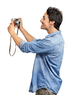 Buy stock photo Selfie, smile and retro camera with a man in studio isolated on a white background for photography. Profile, hobby and vintage technology with a happy young photographer posing for a picture